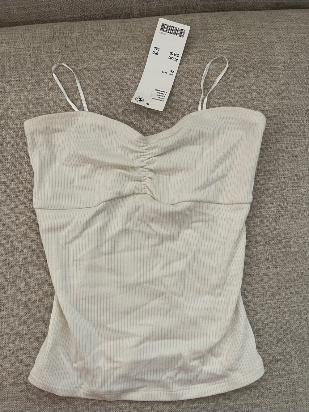BDG Cream Ribbed Spaghetti-Strap Bust-Ruched Tank
